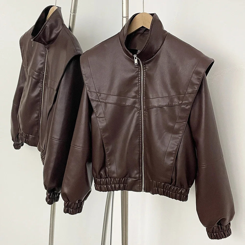 OFTBUY New Spring Autumn Clothes Wholesale Faux Leather Jacket Women Fashion Short Fake Leather Female Short Brown Overcoat Lady