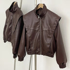 OFTBUY New Spring Autumn Clothes Wholesale Faux Leather Jacket Women Fashion Short Fake Leather Female Short Brown Overcoat Lady