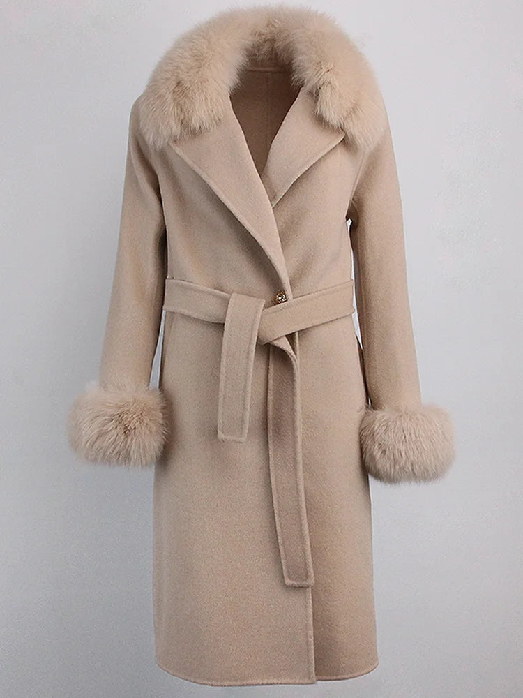OFTBUY Winter Jacket Women Long Natural Wool Blends Cashmere Real Fur Coat Double Breasted Belt Warm Streetwear New Fashion