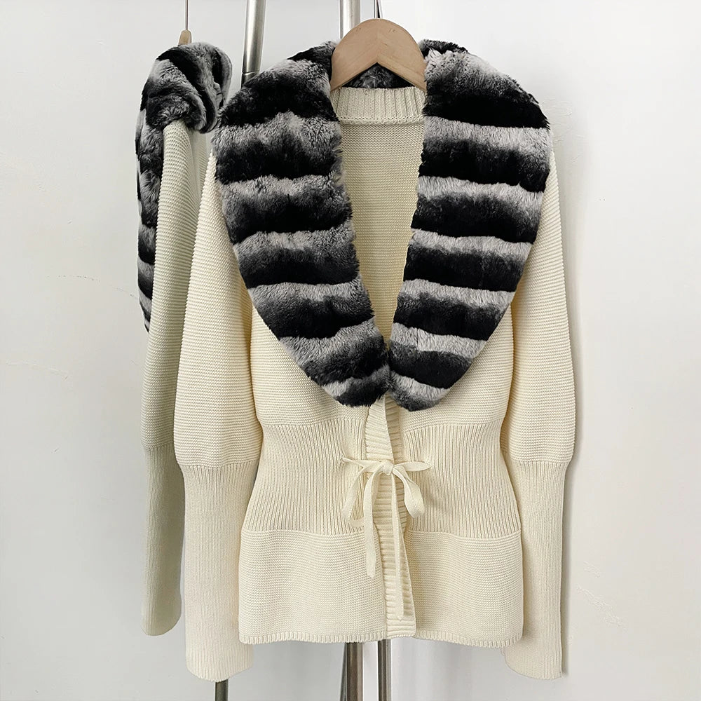 OFTBUY Drawstring Waist Slim Fit Jacket Warm Winter Outerwear New Women's 100% Cotton Knit Cardigan with Striped Rex Rabbit Fur