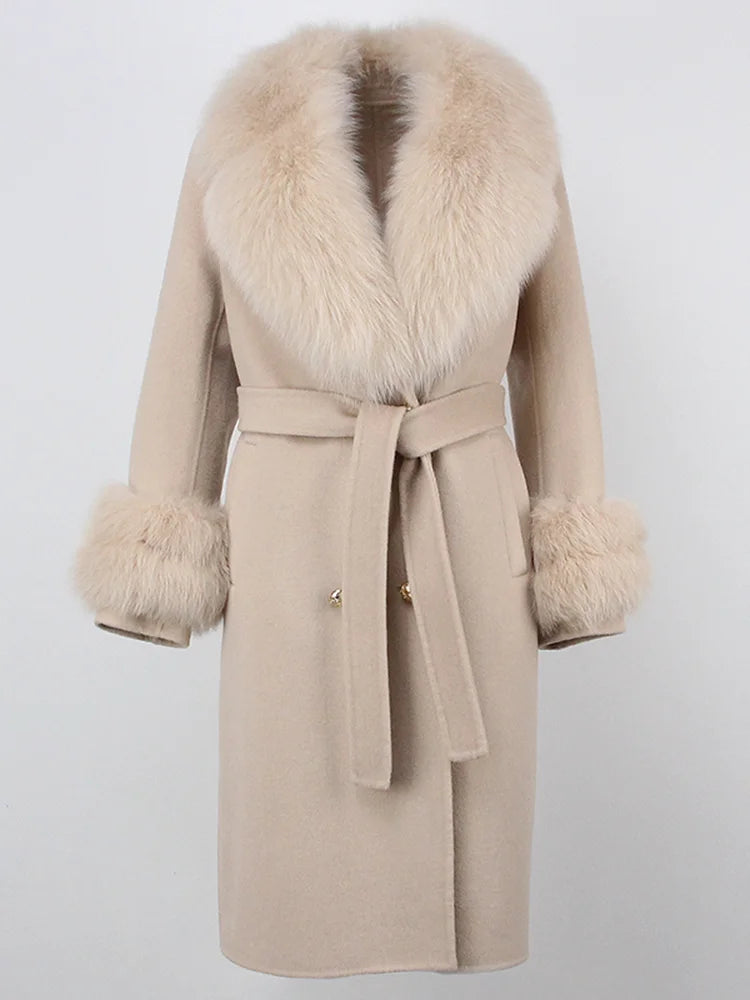 OFTBUY Winter Jacket Women Long Natural Wool Blends Cashmere Real Fur Coat Double Breasted Belt Warm Streetwear New Fashion