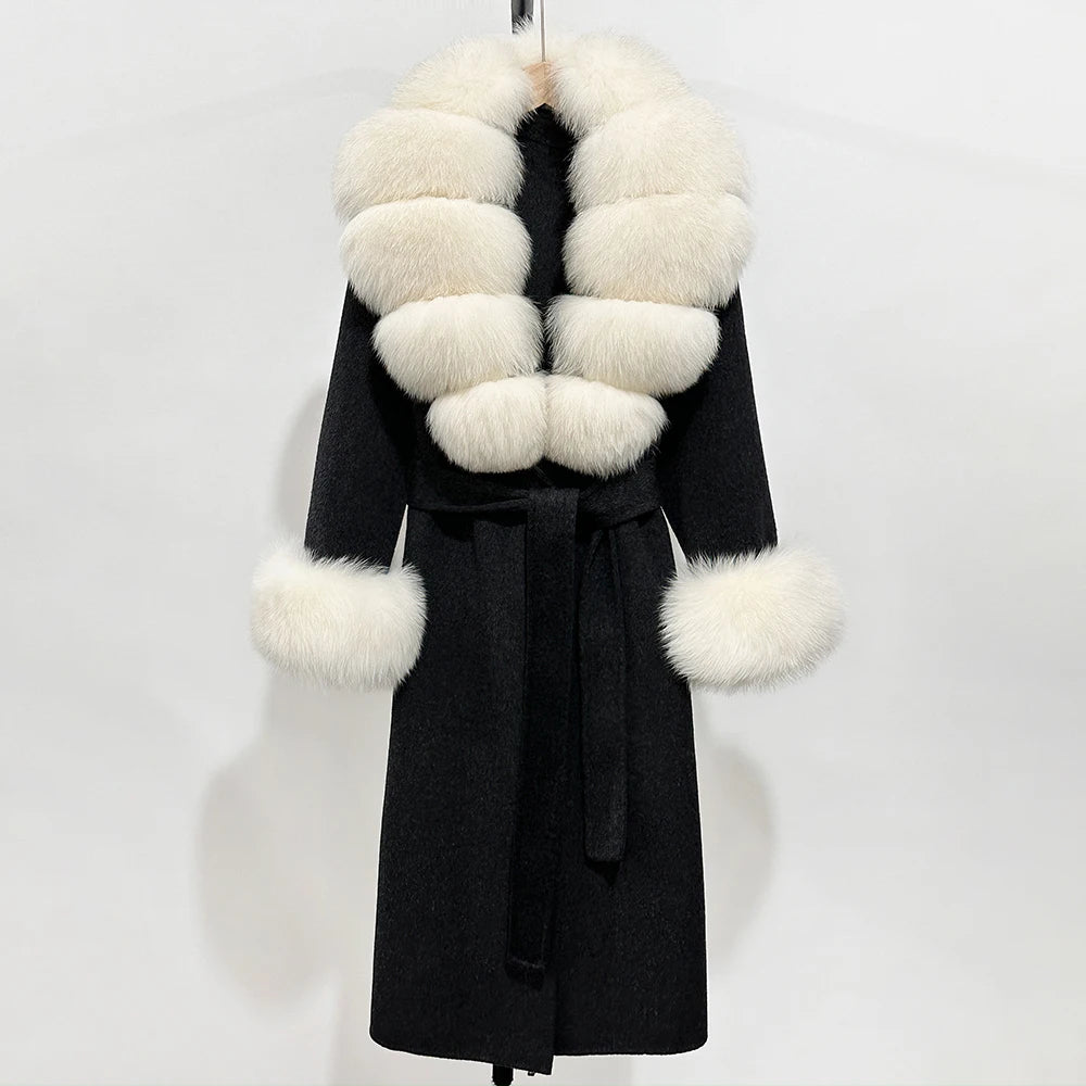 OFTBUY Fashion Warm Woolen Jacket with Real Fox Fur Collar and Cuffs New Autumn Winter Wool Clothing Women Long Belt Outerwear