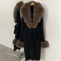 OFTBUY New Cardigan Autumn Winter Long Knit Clothing Women Loose Warm Belt Sweater Jacket with Real Fox Fur Collar and Cuffs