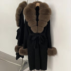 OFTBUY New Cardigan Autumn Winter Long Knit Clothing Women Loose Warm Belt Sweater Jacket with Real Fox Fur Collar and Cuffs