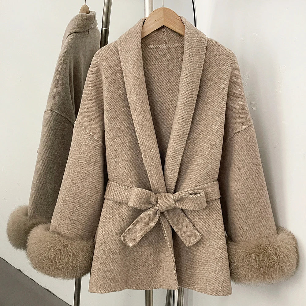 OFTBUY Belted Warm Winter Elegant Fashion Outerwear Wool Jacket Lady New Women's Double-Faced Wool Coat with Real Fox Fur Cuffs