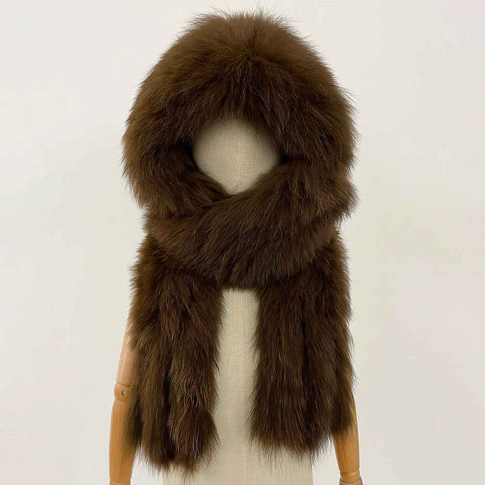 OFTBUY Hot Sales Fashion Fluffy White Natural Fox Fur Hat with Scarf Women Winter Female Thickened Warm Long Real Fur Cap Child