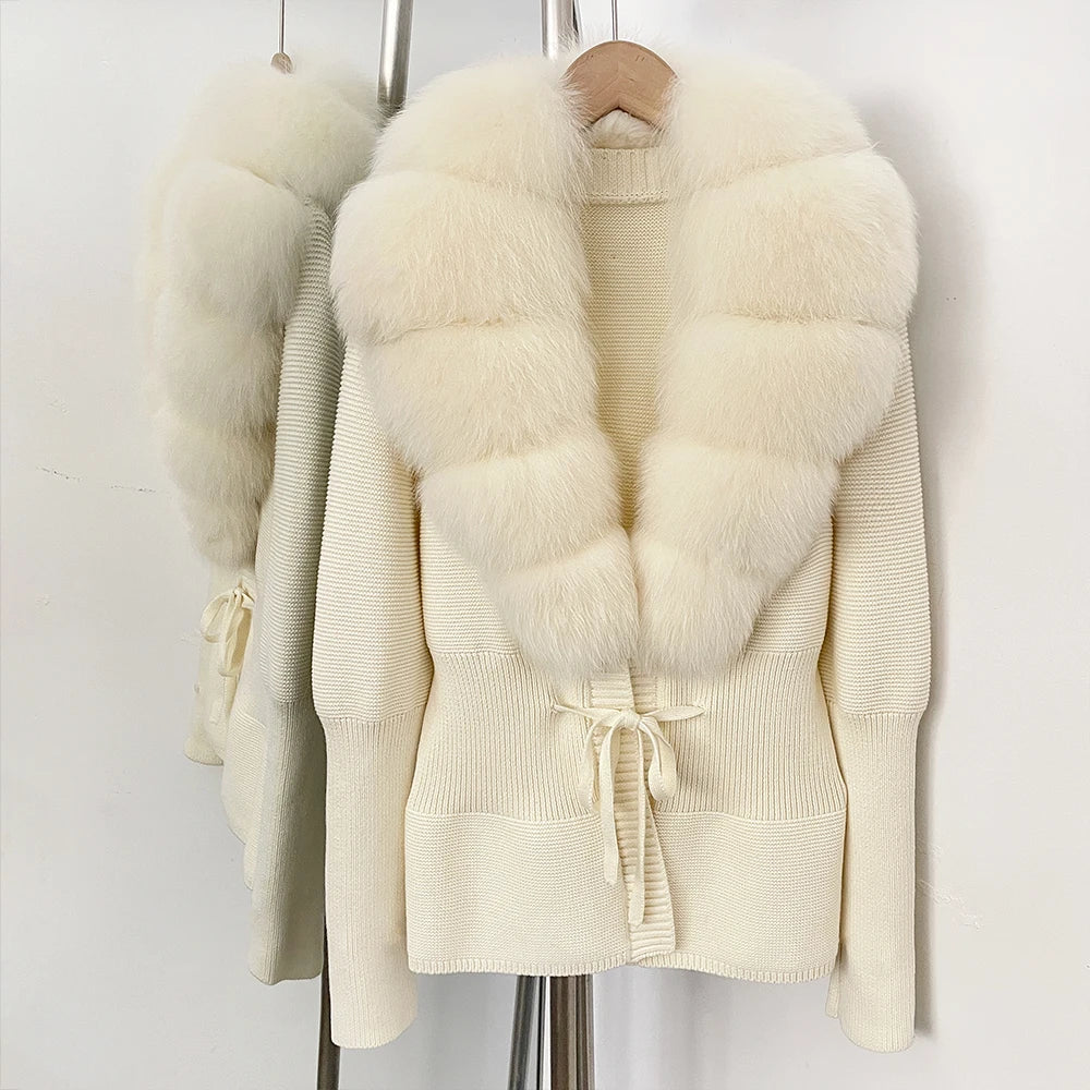 OFTBUY Luxury 100% Cotton Jacket with Real Fox Fur Collar New Autumn Winter Knit Cardigan Women Slim Warm Sweater Outerwear Lady