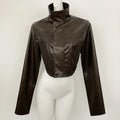 OFTBUY New Women's Faux Leather Cropped Jacket Stand Collar Asymmetric Hem Closure Streetwear Fashion Outerwear Clothing Female