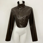 OFTBUY New Women's Faux Leather Cropped Jacket Stand Collar Asymmetric Hem Closure Streetwear Fashion Outerwear Clothing Female