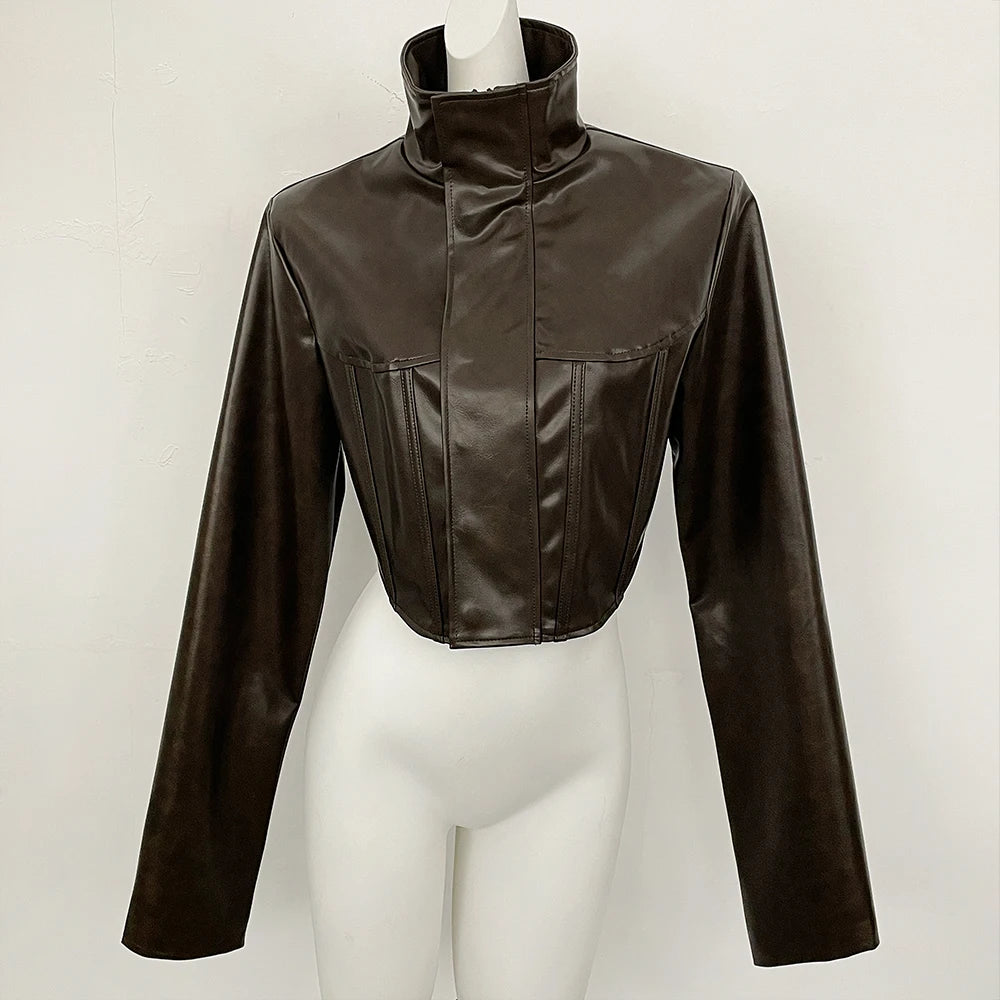 OFTBUY New Women's Faux Leather Cropped Jacket Stand Collar Asymmetric Hem Closure Streetwear Fashion Outerwear Clothing Female