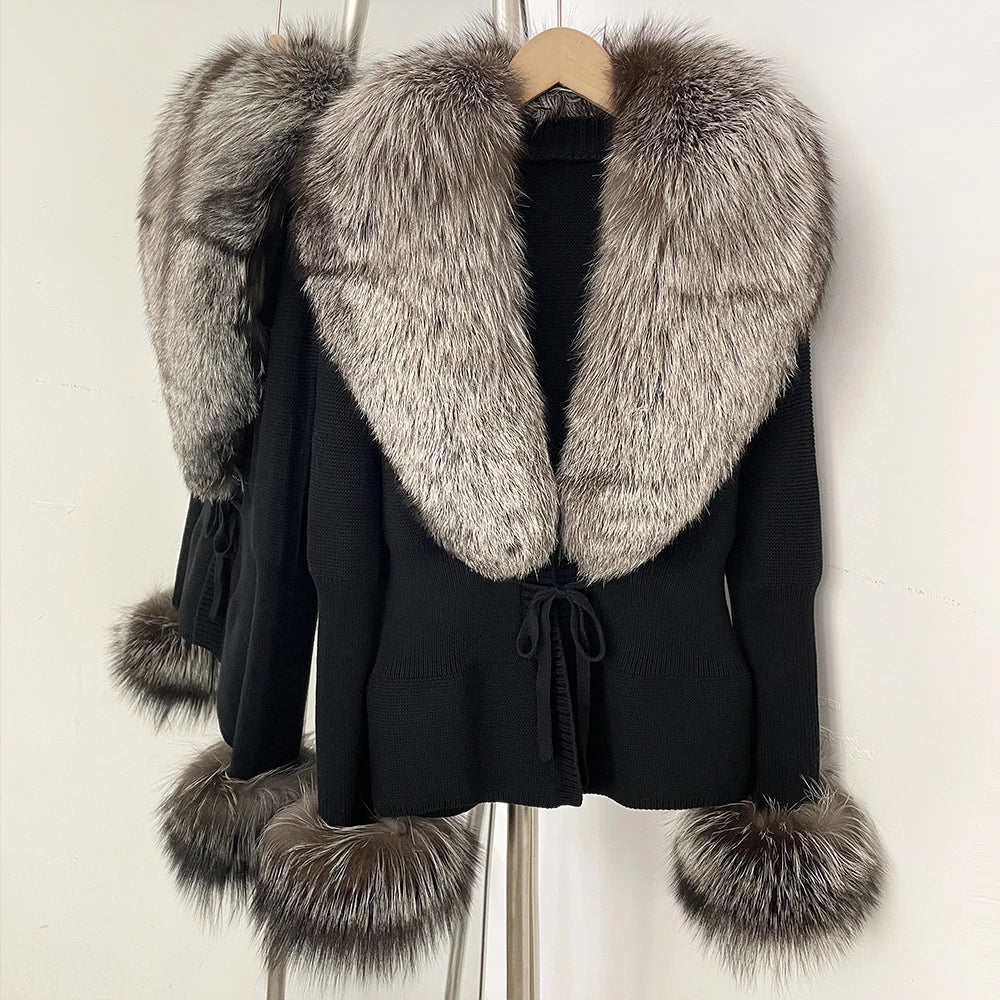 OFTBUY New Autumn Winter Knit Cardigan Women Fashion Warm Clothes with Real Fox Fur Luxury Natural Fur Sweater Jacket Female