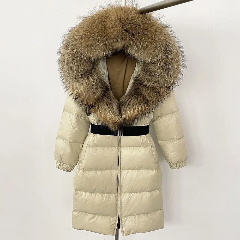OFTBUY New Natural Thick Warm Duck Down Coat Female Long Winter Jacket Women Real Big Fox Fur Collar Belt Loose Puffer Parka