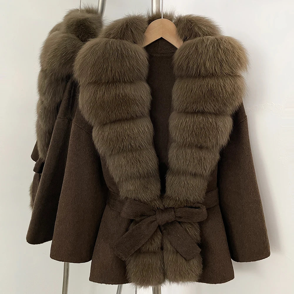 OFTBUY New Autumn Winter Clothes Women Big Natural Fox Fur Pinnacle 100% Wool Coat Female Belt Real Fur Collar Woolen Jacket