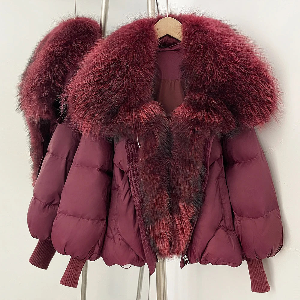 OFTBUY New Women's Duck Down Jacket Whit Large Real Fox Fur Collar Puffy Sleeve Warm Loose Puffer Jacket Winter Luxury Outerwear