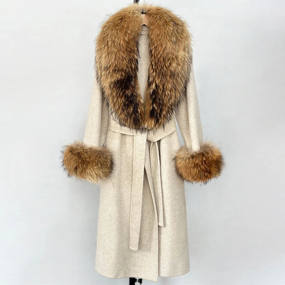 OFTBUY Fashion Warm Woolen Jacket with Real Fox Fur Collar and Cuffs New Autumn Winter Wool Clothing Women Long Belt Outerwear