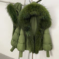 OFTBUY Luxury Cropped Down Puffer with Colossal Real Fur Collar - Premium 90% Duck Down Winter Statement Coat