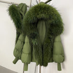 OFTBUY Luxury Cropped Down Puffer with Colossal Real Fur Collar - Premium 90% Duck Down Winter Statement Coat