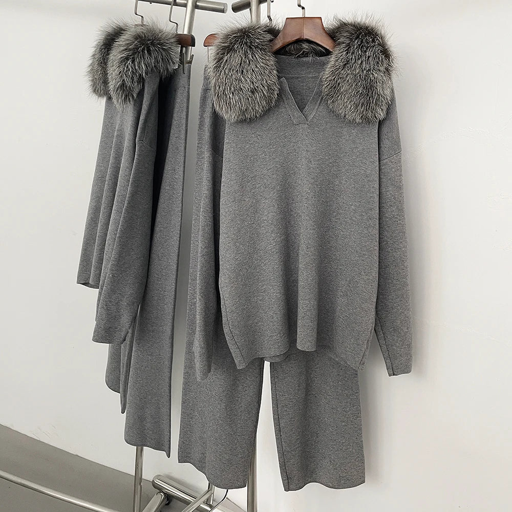 OFTBUY Knitted Pant Set Female Fashion Warm Real Fox Fur Sweater Lady New Autumn Winter Plus Size Woman Clothes Outfits Knitwear