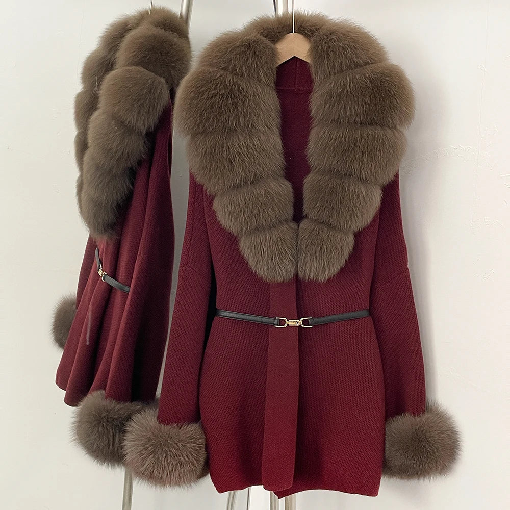 OFTBUY Belt Knit Warm Winter Luxury Casual Fashion Outerwear Sweater Female New Women's Knit Coat with Large Real Fox Fur Collar