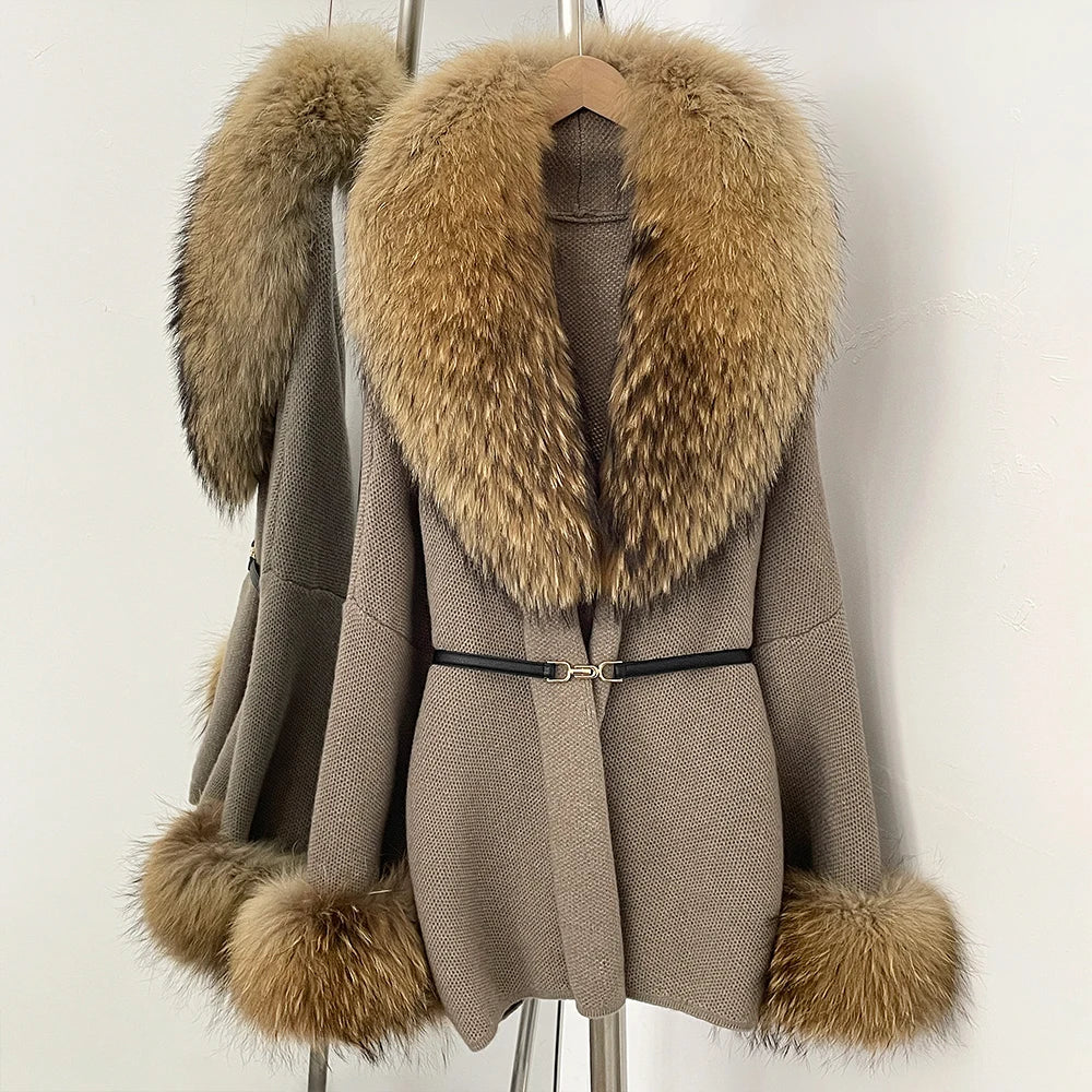 OFTBUY Belt Knit Warm Winter Luxury Casual Fashion Outerwear Sweater Female New Women's Knit Coat with Large Real Fox Fur Collar