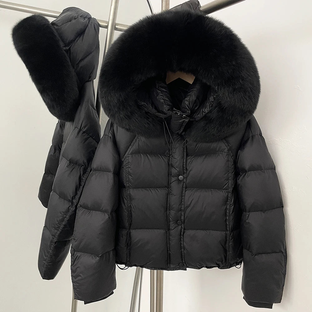 OFTBUY New Autumn Winter Top Clothing Women Tnickened Warm Fluffy Puffer Jacket Femlae Hooded Real Fox Fur Collar Down Caot