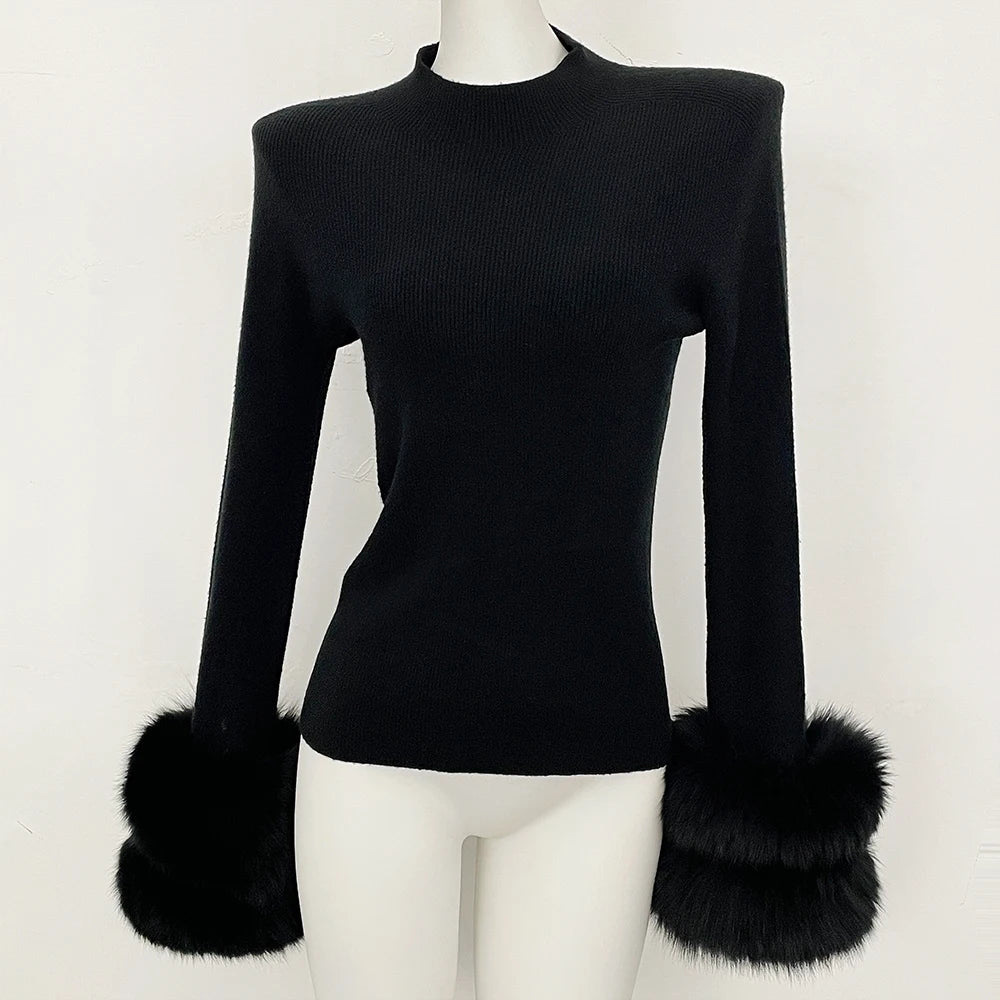 OFTBUY Luxury Mock Neck Ribbed Knit Top with Oversized 100% Real Fox Fur Cuffs