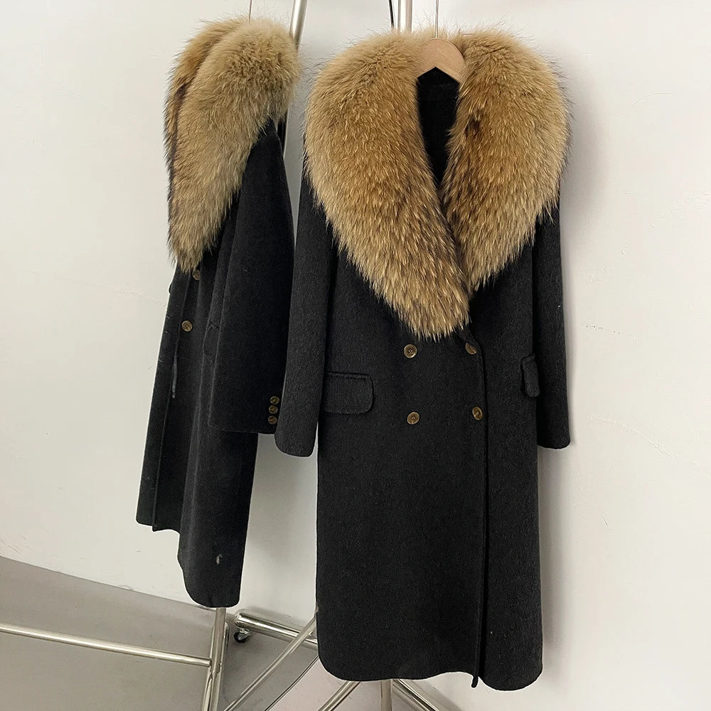 OFTBUY Woolen Coat Female Women's Luxury Double-Faced Wool Jacket Winter Oversize Real Fox Fur Double Breasted Elegant Outerwear