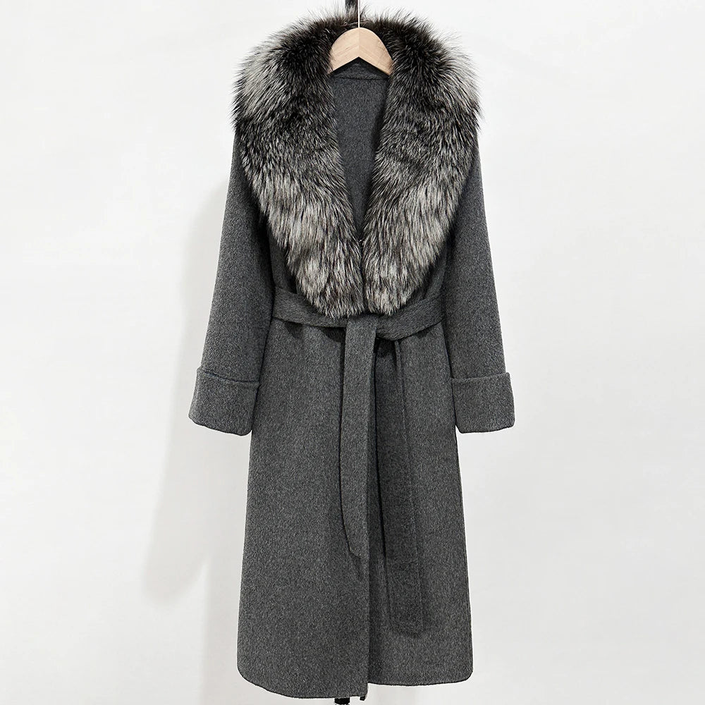 OFTBUY Long Belt 100% Wool Coat with Real Fox Fur Collar Warm Natural Fur Woolen Jacket Female New Autumn Winter Clothing Women