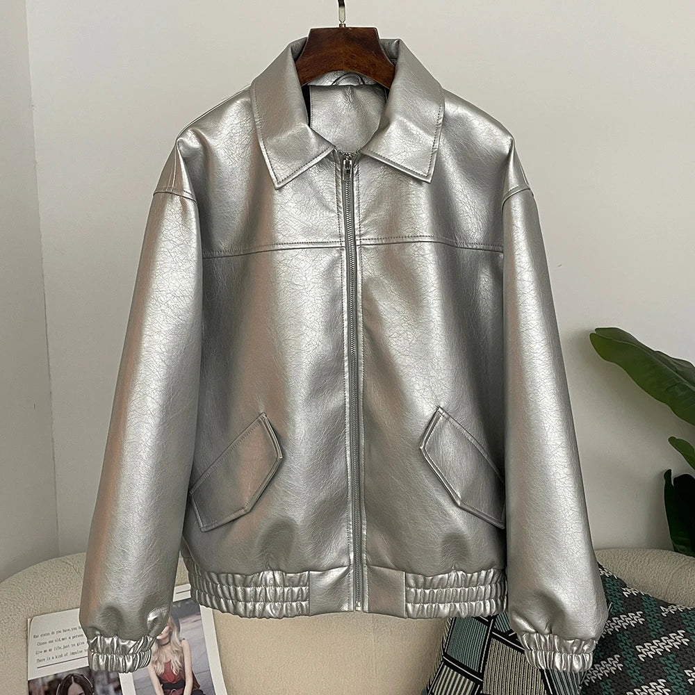 OFTBUY Women's Faux Leather Zip Up Jacket Lapel Collar PU Coat with Pockets new autumn winter Casual Vintage Outerwear female