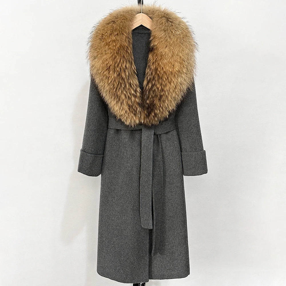 OFTBUY Long Belt 100% Wool Coat with Real Fox Fur Collar Warm Natural Fur Woolen Jacket Female New Autumn Winter Clothing Women