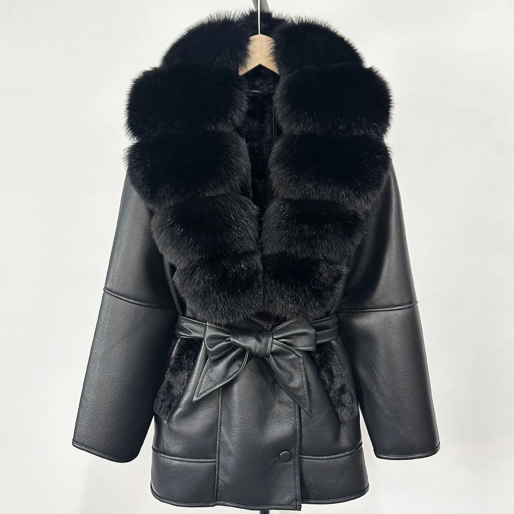 OFTBUY Large Natural Fox Fur Coat New Women Thick Warm Retro Faux Lamb Fur Jacket Belt Winter Female Parkas Outwear