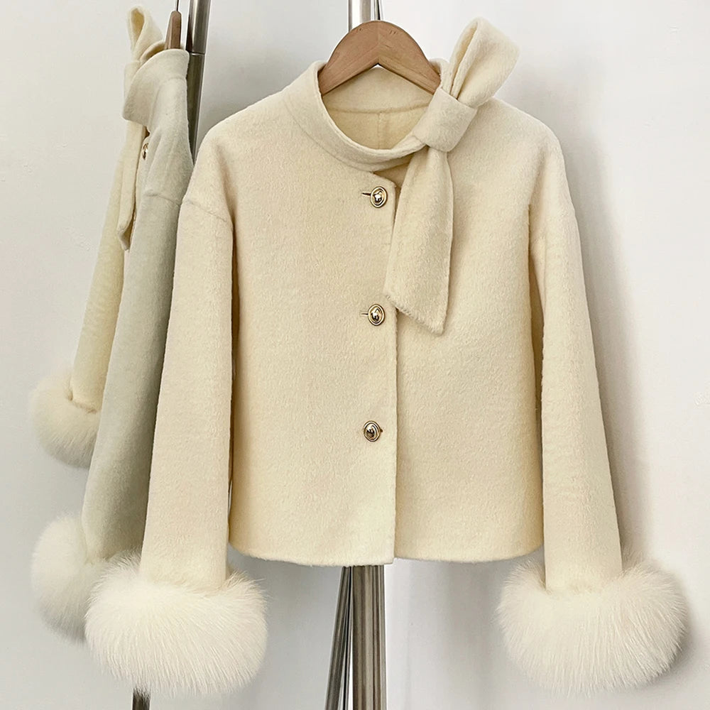 OFTBUY Winter New Style Bowcroppedsleeve Opening Real Fox Fur Cuffs Wool Coat Double-sided Woolen Goods Overcoat Jacket Women
