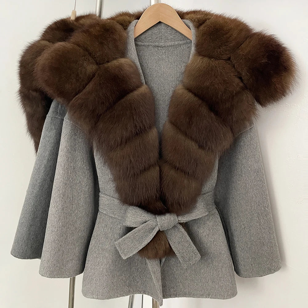 OFTBUY Belt Real Fox Fur Wool Coat Female New Autumn Winter Warm Clothes Women Natural Fox Fur Collar Cashmere Woolen Jacket
