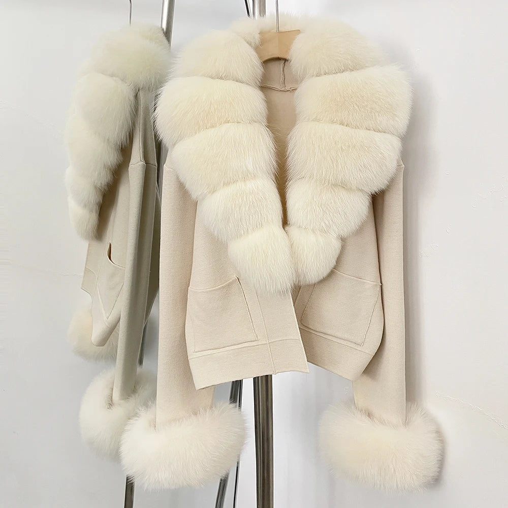 OFTBUY Loose Fit Warm Winter Fashion Lady Outerwear Sweater Female New Women's Knit Cardigan with Large Real Fox Fur Collar