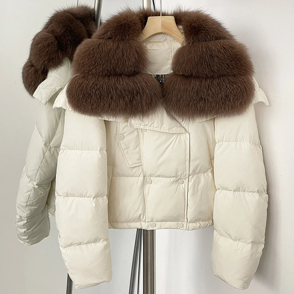OFTBUY New Short Winter Clothing Women Thickened Warm Fluffy Raccoon Fur Puffer Jacket Female Real Fox Fur Collar Down Coat