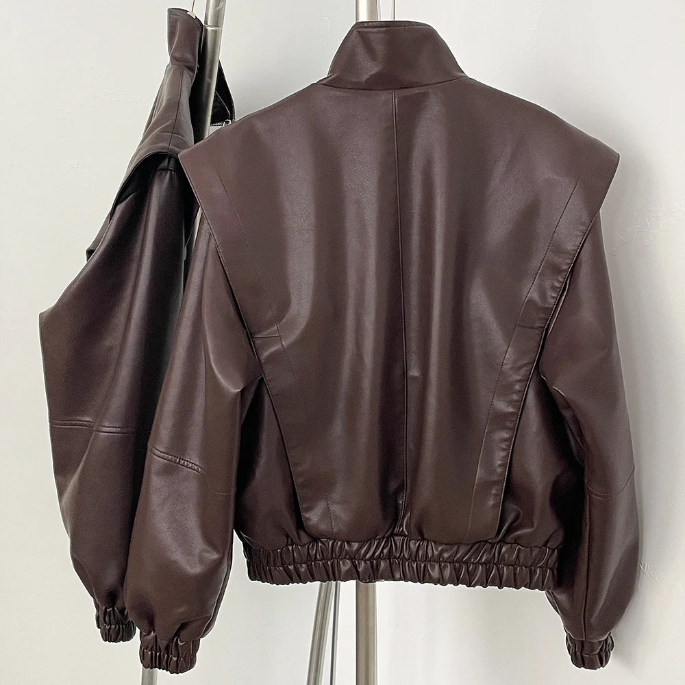 OFTBUY New Spring Autumn Clothes Wholesale Faux Leather Jacket Women Fashion Short Fake Leather Female Short Brown Overcoat Lady