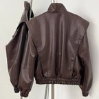 OFTBUY New Spring Autumn Clothes Wholesale Faux Leather Jacket Women Fashion Short Fake Leather Female Short Brown Overcoat Lady