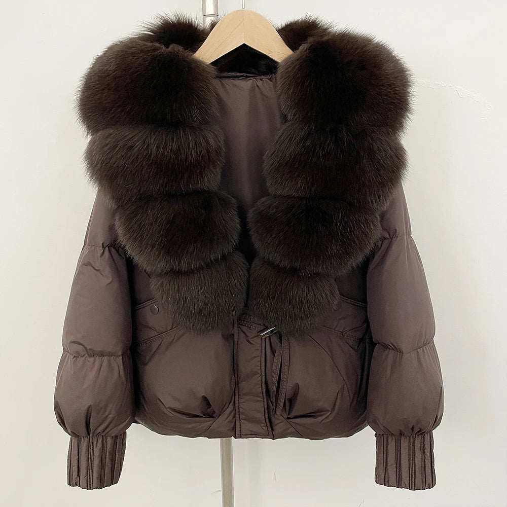 OFTBUY Luxury 90% Duck Down Puffer Jacket with Oversized Real Fox Fur Collar - Short Tiered Winter Coat