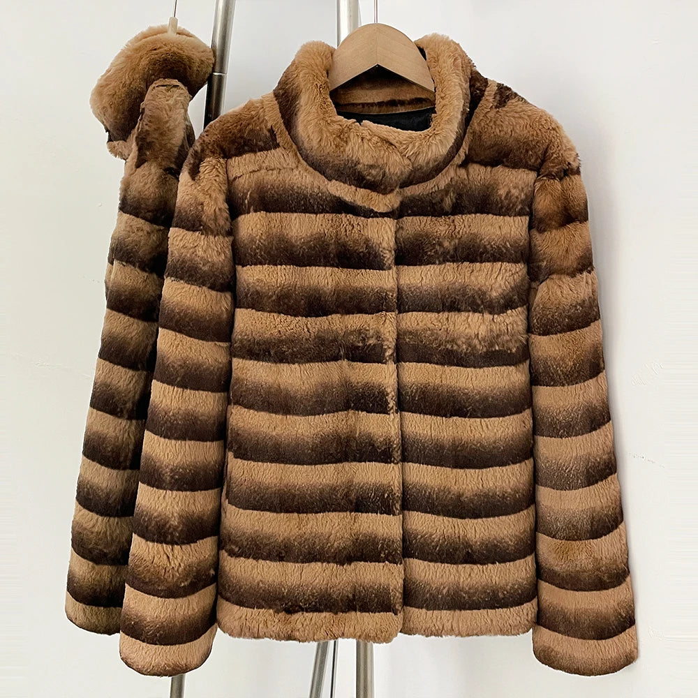 OFTBUY Luxury Stand Collar Gradient Stripe Real Rabbit Fur Short Jacket - Horizontal Striped Genuine Rabbit Fur Winter Coat