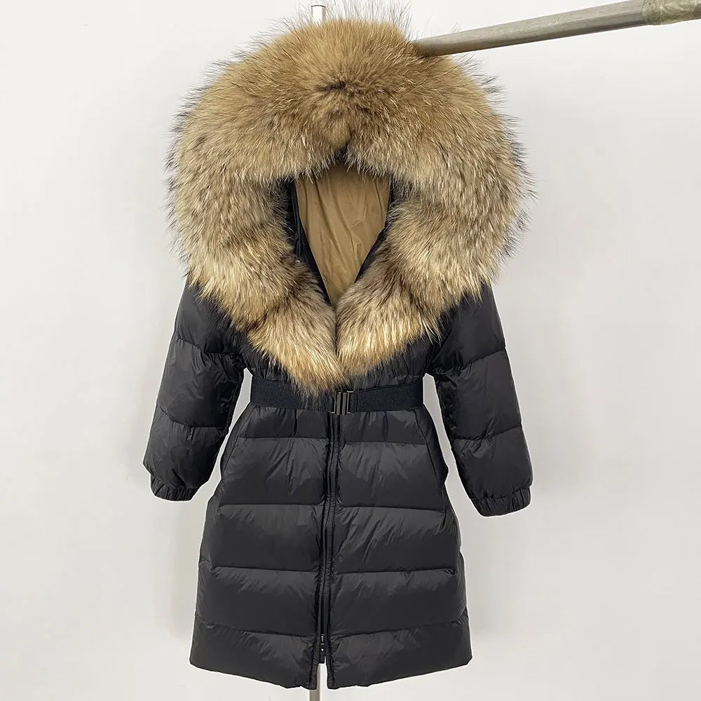 OFTBUY New Natural Thick Warm Duck Down Coat Female Long Winter Jacket Women Real Big Fox Fur Collar Belt Loose Puffer Parka