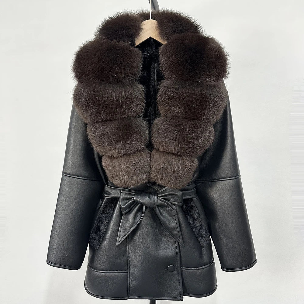 OFTBUY Large Natural Fox Fur Coat New Women Thick Warm Retro Faux Lamb Fur Jacket Belt Winter Female Parkas Outwear