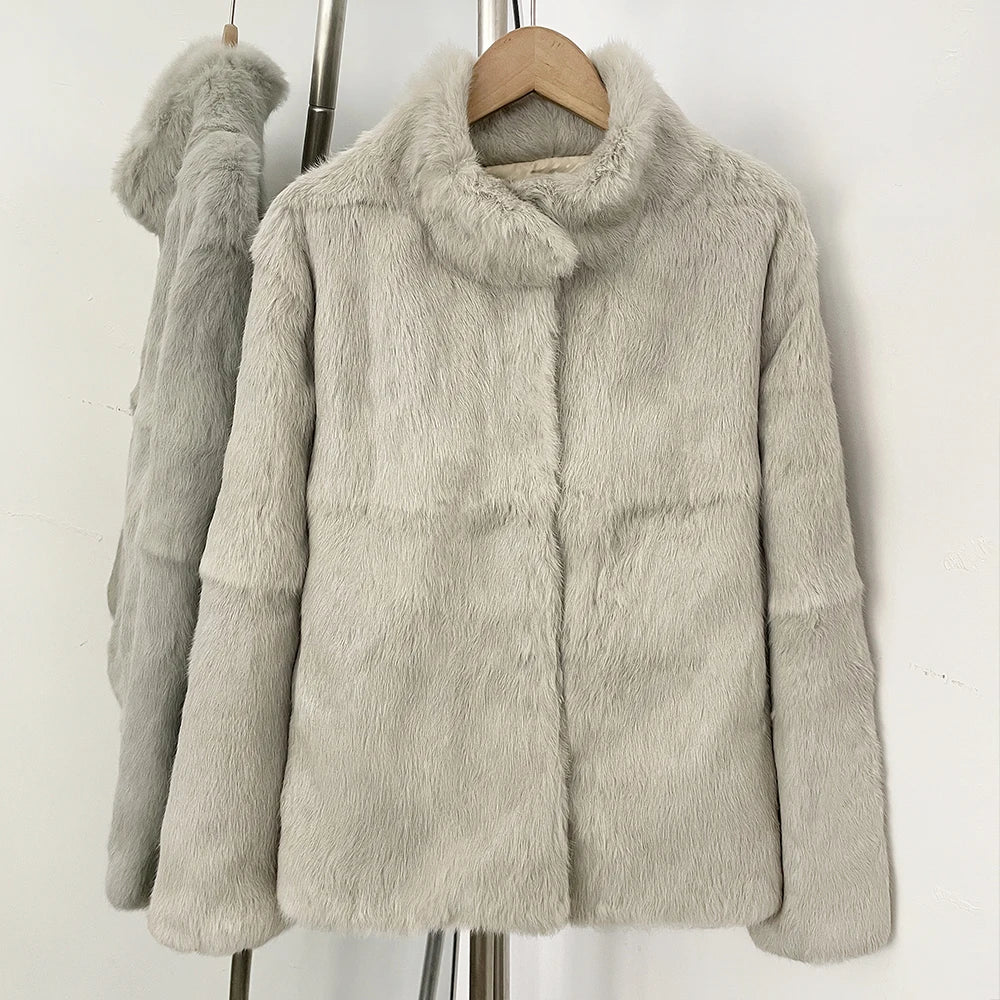 OFTBUY Women's Real Rabbit Fur Coat Luxury Camel Fur Jacket with Stand Collar New Warm Autumn Winter Clothes Female Outerwear
