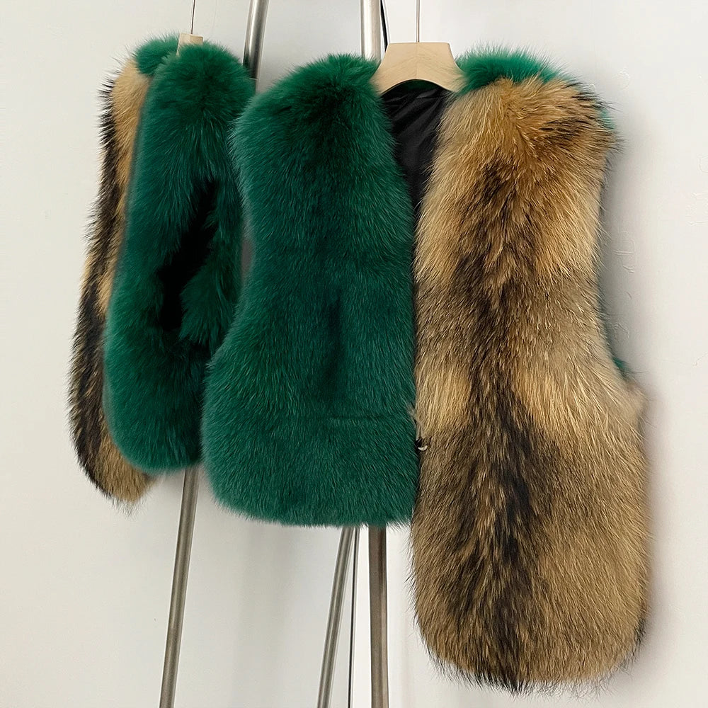 OFTBUY Spelling Sleeveless Real Raccoon Fur Waistcoat Jacket Women Fashion Thick Warm Outwaer Natural Fox Fur Vest Coat Female