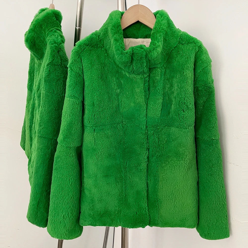 OFTBUY Women's Luxury Real Rabbit Fur Coat Stand Collar Fur Jacket Female New Warm Autumn Winter Outerwear for Cold Weather