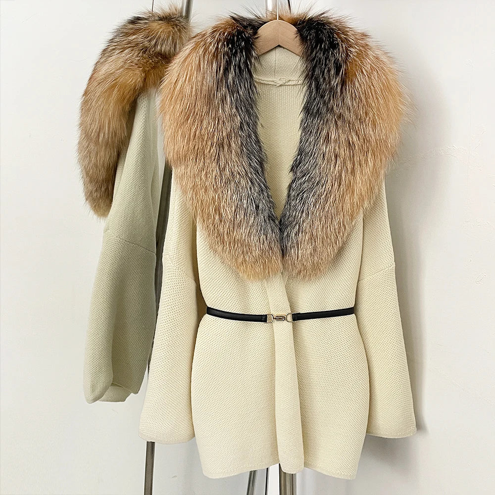 OFTBUY New Autumn Winter Luxury Fashion Outerwear Lady Women's Knit Coat with Large Real Fox Fur Collar Belt Textured Knit Warm