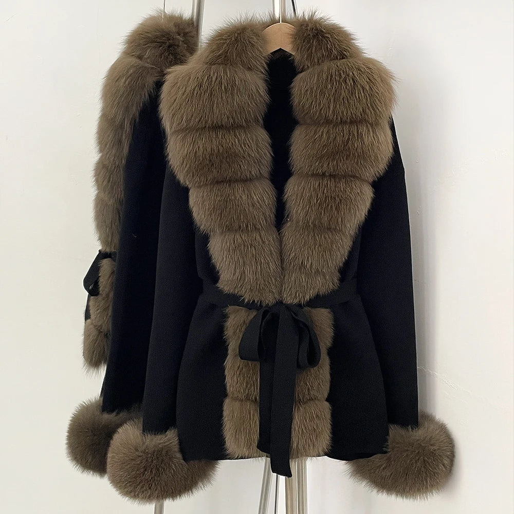 OFTBUY New Spring Autumn Clothing Women Fashion Real Fox Fur Kint Cardigan Female Belt Luxury Loose Fur Cuffs Sweater Jacket