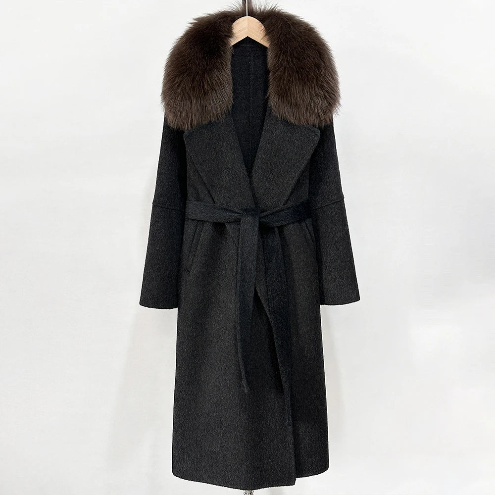 OFTBUY New Autumn Winter Long Clothing Women Fashion Warm Wool Coat with Real Fox Fur Collar Belt Elegant Woolen Jcacket Female