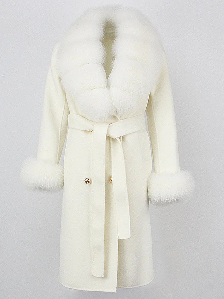 OFTBUY Winter Jacket Women Long Natural Wool Blends Cashmere Real Fur Coat Double Breasted Belt Warm Streetwear New Fashion