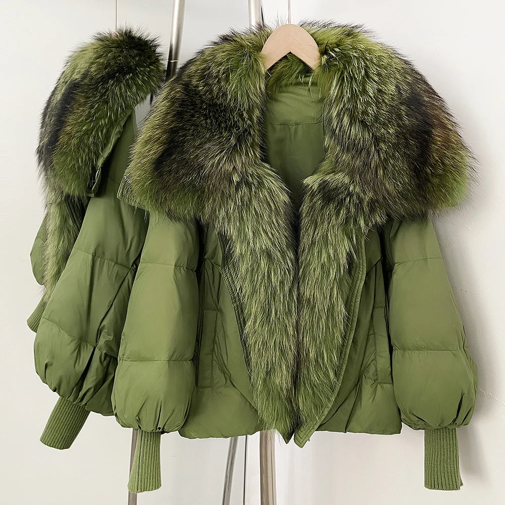 OFTBUY New Women's Duck Down Jacket Whit Large Real Fox Fur Collar Puffy Sleeve Warm Loose Puffer Jacket Winter Luxury Outerwear