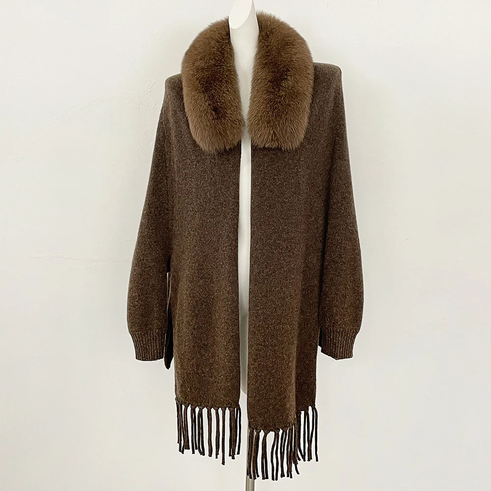 OFTBUY New Women's 100% Wool Knit Cape Coat with Real Fox Fur Collar Tassel Trim Warm Winter Elegant Outerwear Sweater Female